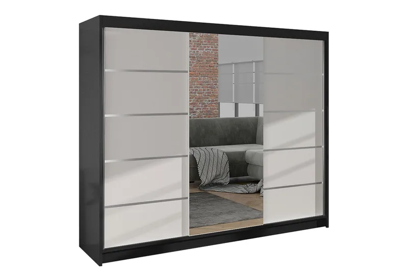 Cyria Garderob med rymlig Förvaring och Skjutdörrar med Spegel 200x215 cm - Vit/Svart - Products - Förvaring - Garderober & garderobssystem