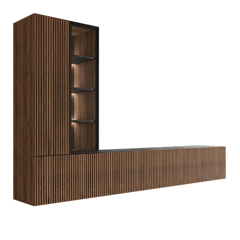 Klinkerville möbelset ribbad TV bänk vitrinskåp med LED belysning vägghängd - golvstående 260 cm, Valnöt brun