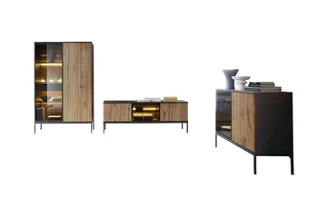 Klinkerville Möbelset Vardagsrum med Belysning TV-bänk vitrin - Svart Trä / Brun / Ribbad / Glas - Products - Förvaring - Förvaringsmöbler - Möbelset för vardagsrum