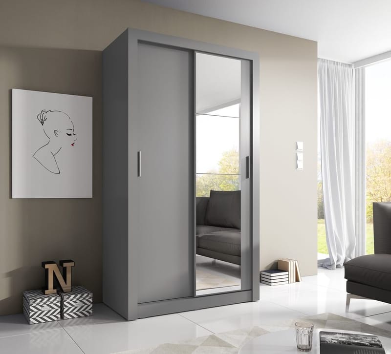 Mervyn garderob med skjutdörrar 120 cm - Grå / Spegel - Grå - Products - Förvaring - Garderober & garderobssystem