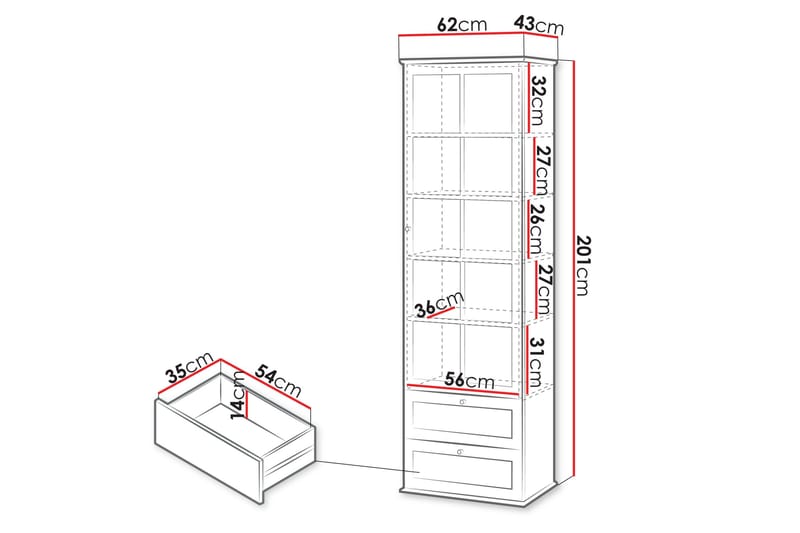 Hammerdal Vitrinskåp 43 cm djup 62 cm bred 201 cm hög Ljust Trä Glas - Vit/Ek - Products - Förvaring - Skåp - Vitrinskåp