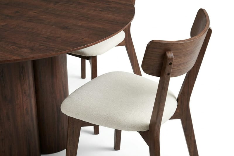 Juno Matgrupp 130 cm runt i Valnöt med 6 Amelia Matstolar med Dyna - Valnöt/Beige - Products - Möbler - Bord & matgrupp - Matgrupp
