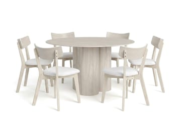 Juno Matgrupp 130 cm runt Vitlaserad med 6 Ameli Matstolar med Dyna, Vitlaserad/Beige