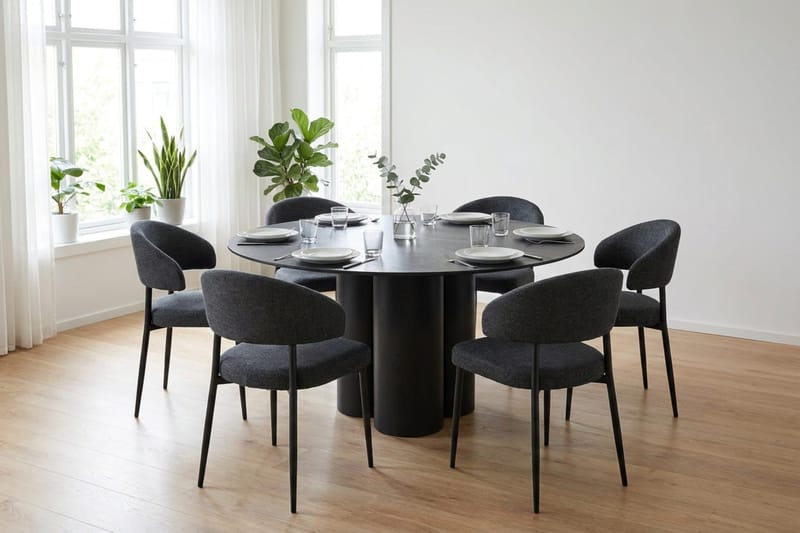 Juno Matgrupp runt 130 cm Svart med 6 Sawako Matstolar - Svart - Products - Möbler - Bord & matgrupp - Matgrupp