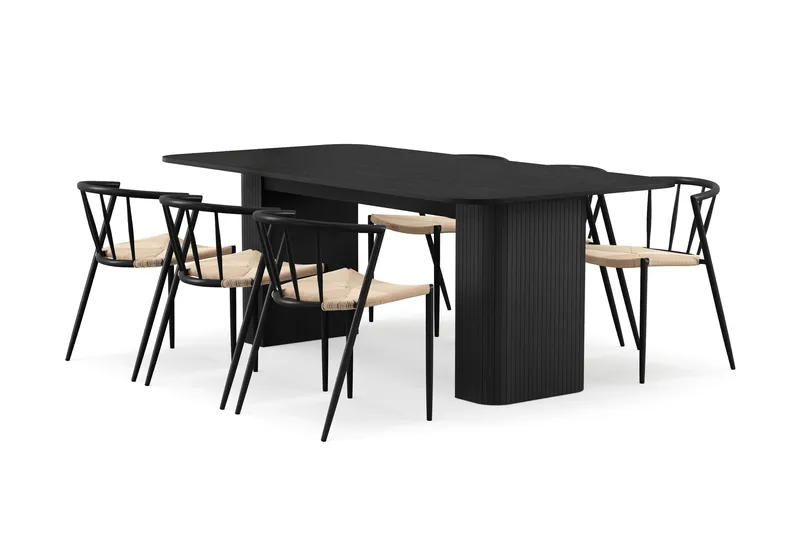 Kopparbo Matbord 200-260 cm F örlängningsbart med 6 Winston Matstolar, Svart / Beige / Metallben Svart