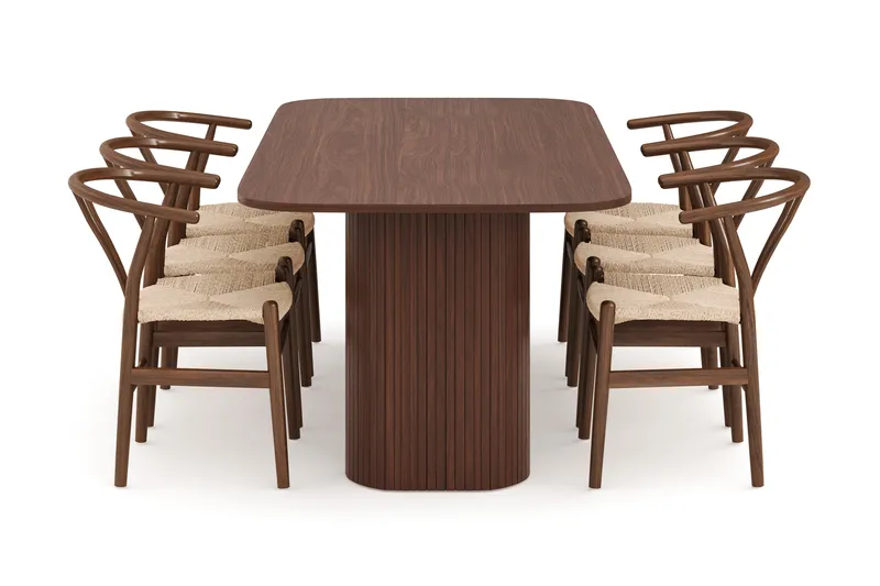 Kopparbo Matgrupp 200 cm med 6 Dastoori Matstol - Brun / Beige / Trä / Ribbad - Products - Möbler - Bord & matgrupp - Matgrupp