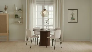 Kopparbo Runt Matbord 120 cm med 4 Katy Matstolar - Mörkbrun / Vit Bouclé / Metallben Svart - Products - Möbler - Bord & matgrupp - Matgrupp