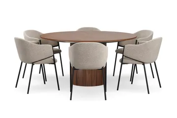 Kopparbo Runt Matbord 150 cm med 6 Filip Matstolar - Valnöt / Taupe Bouclé - Products - Möbler - Bord & matgrupp - Matgrupp