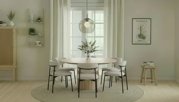 Kopparbo Runt Matbord 150 cm med 6 Lucy Matstolar - Vit / Vit Bouclé / Metallben Svart - Products - Möbler - Bord & matgrupp - Matgrupp