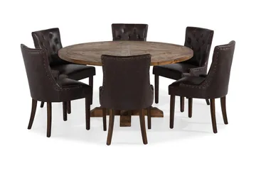 Lyon Matgrupp 150 cm Rund Mörkt trä med 6 Tuva Stolar - Vintage Alm / Brun Pu - Products - Möbler - Bord & matgrupp - Matgrupp