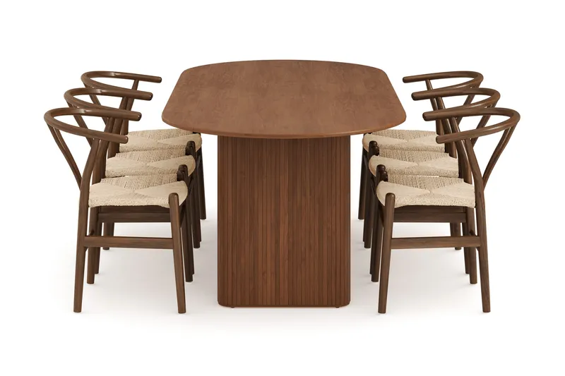 Noira Matgrupp 220 cm Massiv Valnöt med 6 Dastoori Matstol - 2220070-6,2098431-1 - Ribbad / Natur / Mörkbrun / Brunt Trä - Products - Möbler - Bord & matgrupp - Matgrupp