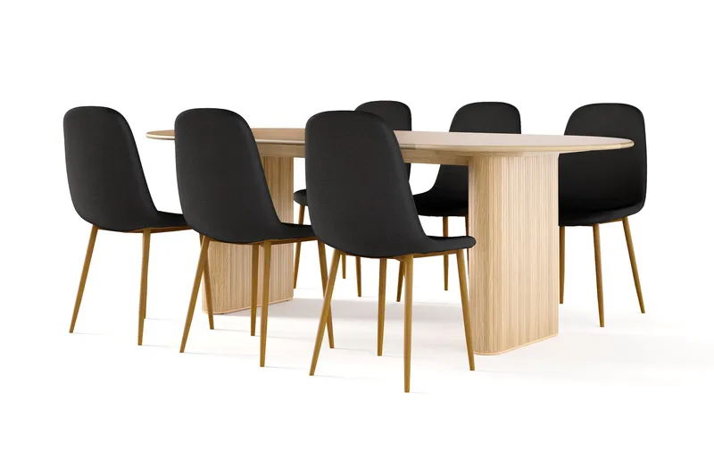 Noira Ovalt Matbord 220 cm EK +  6 st Nibe stol svart med ek ben, Natur/Svart