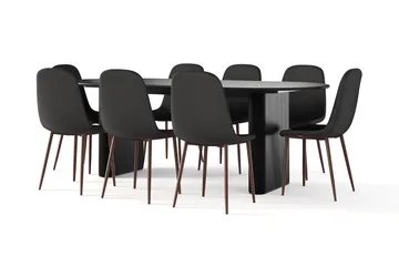 Noira Ovalt Matbord 220 cm Svart +  8 st Nibe stol svart med valnöt ben, Svart