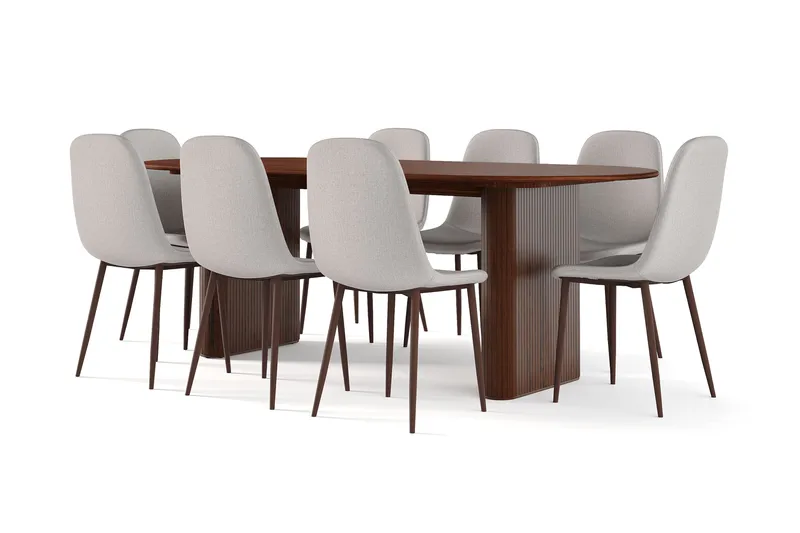 Noira Ovalt Matbord 220 cm Valnöt +  8 st Nibe stol grå med valnöt ben, Brun/Grå