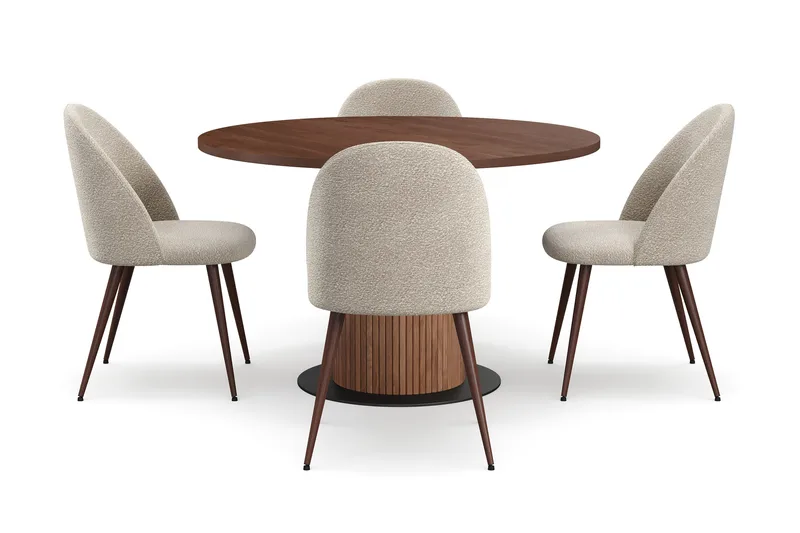 Noira Runt Litet Matbord Massiv Valnöt 120 cm med 4 Nibe Plus Matstolar - Brun / Greige Bouclé / Metallben Valnöt - Products - Möbler - Bord & matgrupp - Matgrupp