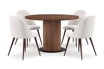 Noira Runt Litet Matbord Massiv Valnöt 120 cm med 4 Nibe Plus Matstolar - Brun / Vit Bouclé / Metallben Valnöt - Products - Möbler - Bord & matgrupp - Matgrupp