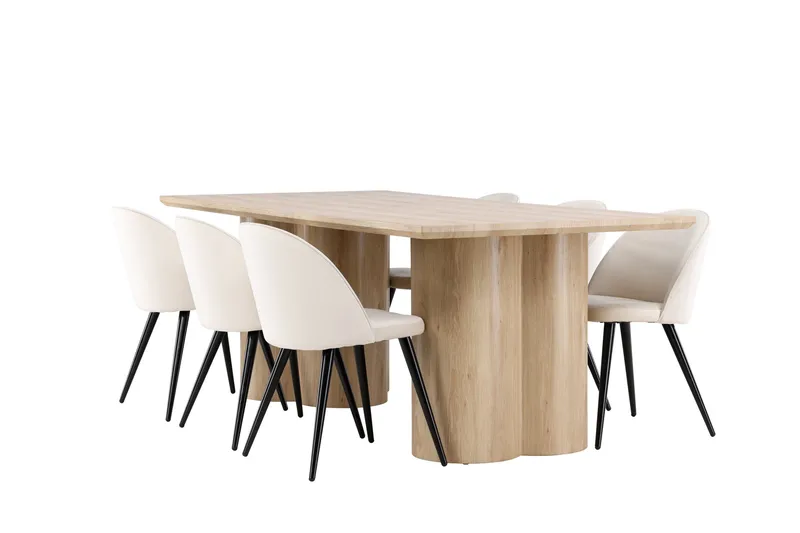 Olivia Matgrupp 210 cm Rektangulär med 6 Velvet stolar, Whitewash/Beige