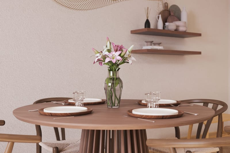 Peyra Matgrupp 120 cm Rund med 4 Dastoori Matstolar - Valnöt / Brun / Beige - Products - Möbler - Bord & matgrupp - Matgrupp