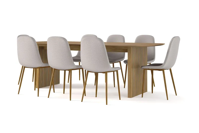 Richeto Matbord 240 cm ek +  8 st Nibe stol grå med ek ben, Natur/Grå