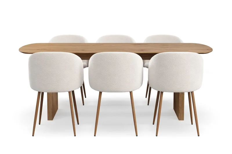 Richeto Matgrupp med 6 Greya Matstolar med Armstöd - Naturlig Finish/Vit Bouclé - Products - Möbler - Bord & matgrupp - Matgrupp