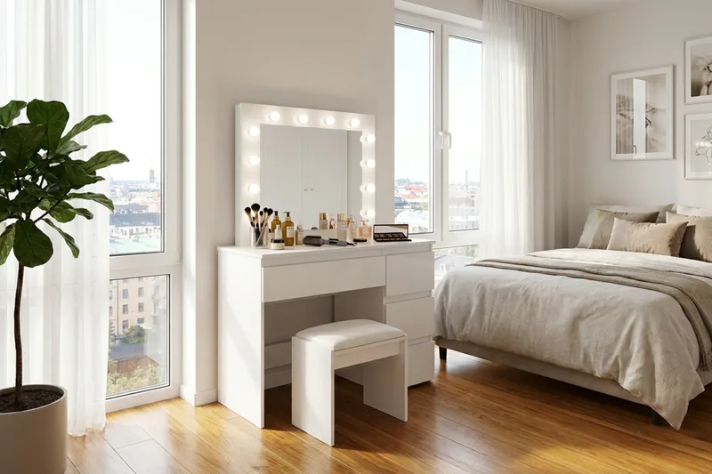 Glow Sminkbord 94 cm med spegel lådor och pall - LED Belysning - Vit - Products - Möbler - Bord & matgrupp - Sminkbord & toalettbord