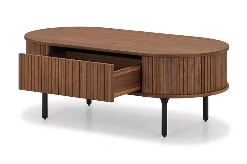 Noira Ovalt Soffbord Valnöt 118x60 cm med förvaring låda - Brun / Mörkbrunt Trä / Ribbad - Products - Möbler - Bord & matgrupp - Soffbord - Soffbord med förvaring
