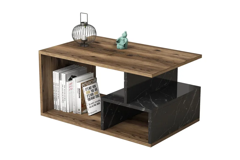 Soffbord Garavelo Soffbord 90 cm med Förvaring Hyllor Marmormönster Svart,Trä/Natur,Mörkbrun
