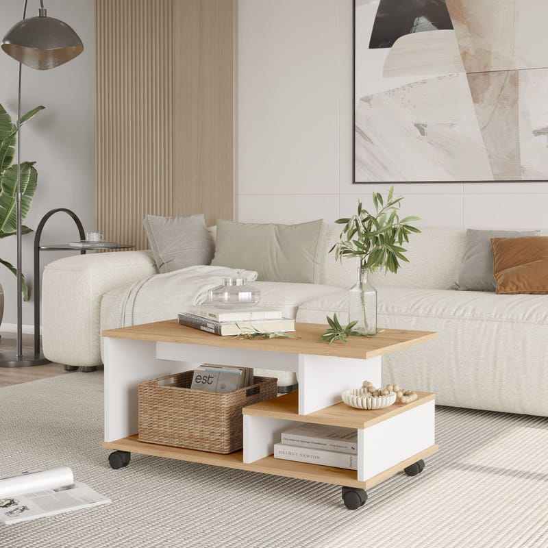 Solven Soffbord 90x42,5x51 cm - Ek och vitt - Products - Möbler - Bord & matgrupp - Soffbord - Soffbord med hjul