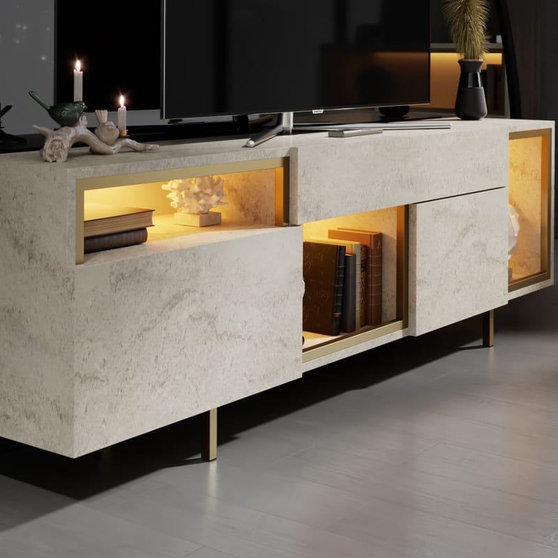 Denvar TV-bänk 180x55x32 cm - travertin och guld - Products - Möbler - TV- & Mediamöbler - TV bänk & mediabänk