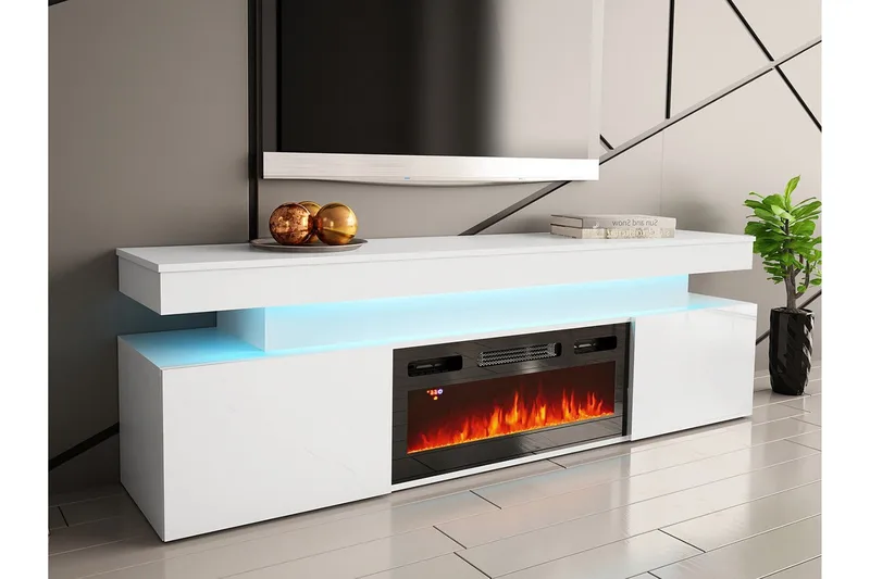 Glenndale Tv bänk med Förvaring + LED kamin + Belysning 190 cm - Vit - Products - Möbler - TV- & Mediamöbler - TV-skåp