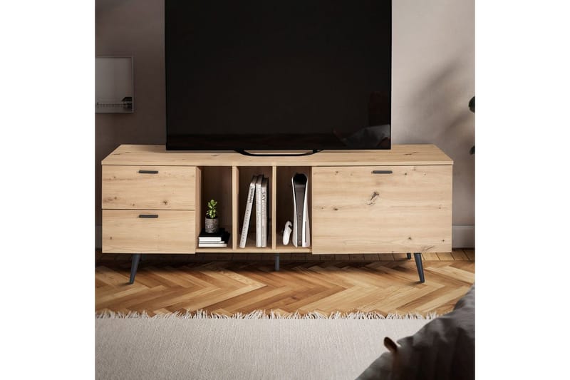 Lowboard Wohnling modernt spånskiva, 2 lådor, 1 dörr, förvaringsbrickor, metallben, modern stil Svart, Ek - Svart, Ek - Products - Möbler - TV- & Mediamöbler - TV bänk & mediabänk