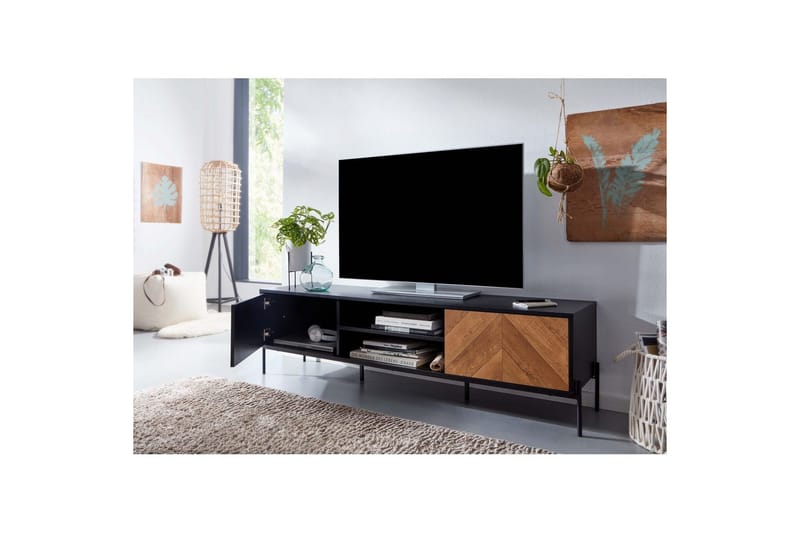 Lowboard Wohnling Ekfanerad med 2 dörrar Förvaringsbrickor Metallben Lantlig stil - Products - Möbler - TV- & Mediamöbler - Mediastativ & väggfäste - Tv-stativ & Tv-väggfäste