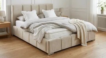 Cleaton Sängram 160x200 cm med Förvaring HVILA Resårmadrass och Bäddmadrass i Polysterskum Vändbar Sommar & Vintersida och Tvättbar klädsel - Beige/Vit - Products - Möbler - Säng - Komplett sängpaket