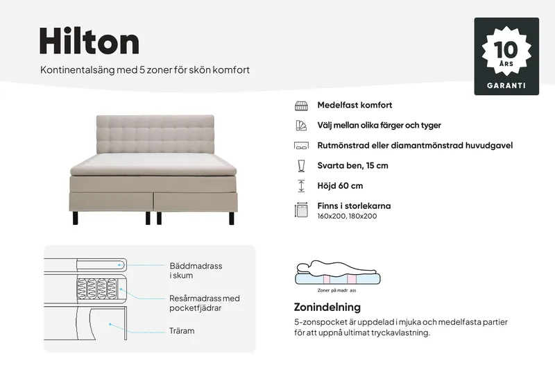 Hilton Komplett Sängpaket 160x200 cm Kontinentalsäng med diamant sänggavel - Beige - Products - Möbler - Säng - Kontinentalsäng