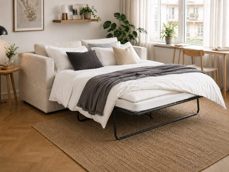 Travstad 3-sits Bäddsoffa med HVILA Bäddmadrass 140x200 cm Memoryskum med Tvättbar klädsel - Beige/Vit - Products - Möbler - Soffa - Bäddsoffa - 3 sits bäddsoffa