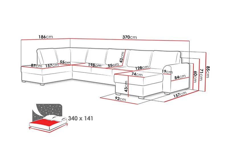 Wilma 6-sits Bäddsoffa - Grå - Products - Möbler - Soffa - Bäddsoffa - Bäddsoffa divan