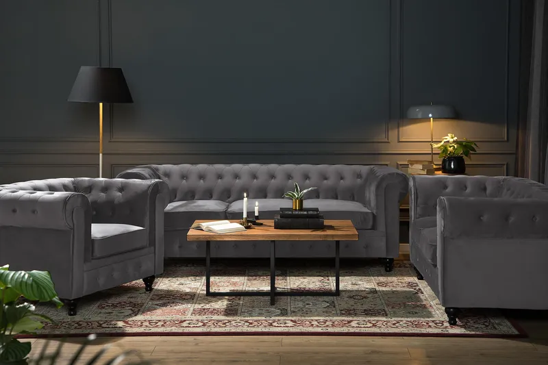 Chesterfield Lyx 3 sits Sammetssoffa - Djup soffa - Mörkgrå - Products - Möbler - Soffa - Chesterfield soffa