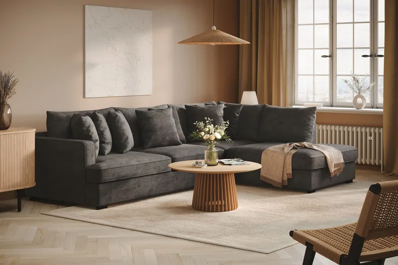 Rossita 4-sits Högervänd L-formad Djup Schäslongsoffa i Chenille - Svart - Products - Möbler - Soffa - Divansoffa & schäslongsoffa - 4 sits soffa med divan