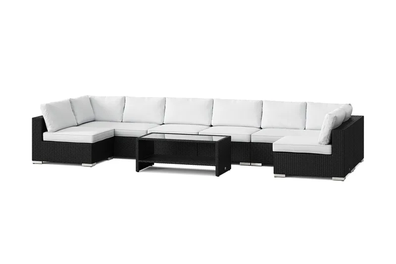 Bahamas U-formad utomhus loungegrupp med öppet avslut, 8-sits med bord och hylla, Svart