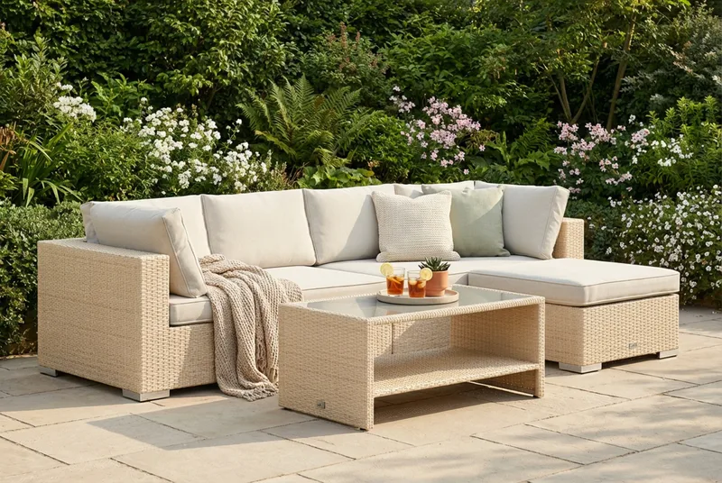 Bahamas utomhus divansoffa 5-sits med vändbar divan och bord med hylla - Beige - Products - Utemöbler & utemiljö - Loungemöbler - Loungeset & loungegrupp