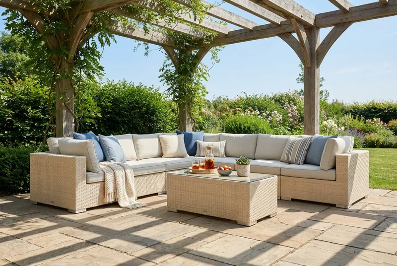 Bahamas utomhus hörnsoffa 7-sits vändbar med bord - Beige - Products - Utemöbler & utemiljö - Loungemöbler - Loungeset & loungegrupp