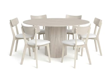 Juno Matgrupp 150 cm runt Vitlaserad med 6 Amelia Matstolar med Dyna, Vitlaserad/Beige