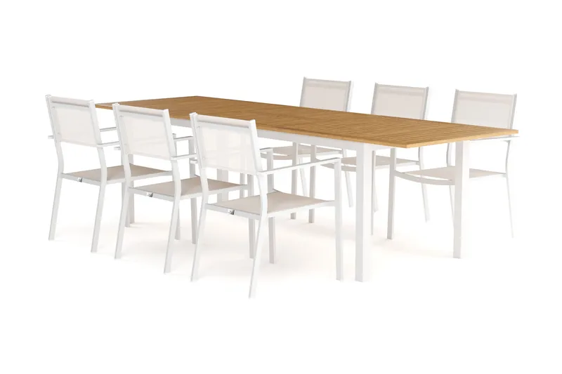 Las Vegas Förlängningsbart Matbord 220-280 cm med 6 Las Vegas Karmstolar - Natur/Vit - Products - Utemöbler & utemiljö - Utegrupp - Matgrupp utomhus