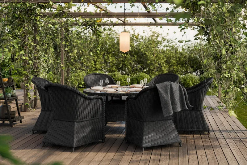 Marcus Matgrupp 140 Rund + 6 Light Fåtöljer m Dyna - Svart - Products - Utemöbler & utemiljö - Utegrupp - Matgrupp utomhus