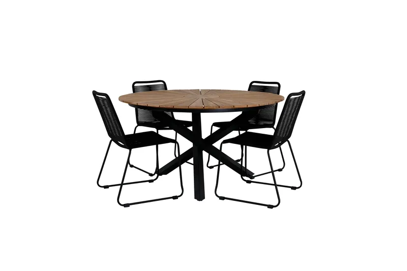 Mexico Matgrupp Utomhus Rund Ø140cm + 4 Lindos Stolar, Svart/Gul
