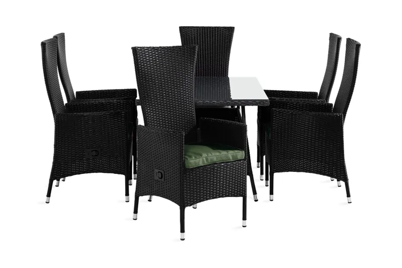 Thor Matgrupp Utomhus 140x90 + 6 Jenny Fåtölj Ställbar m Dyna, Svart/Grön