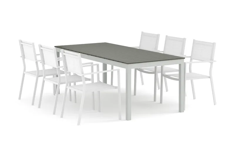 Tunis utomhus matgrupp förlängningsbart 205/305x90 cm med 6 Tunis stapelstolar, Vit/Grå