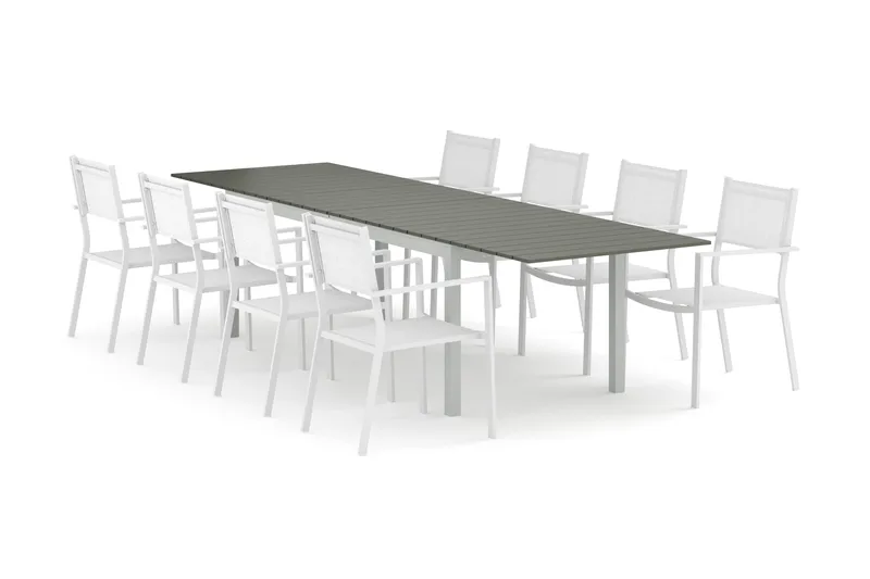 Tunis utomhus matgrupp förlängningsbart 205/305x90 cm med 8 Tunis stapelstolar, Vit/Grå