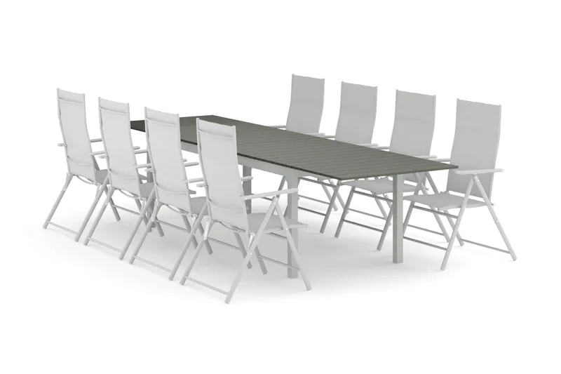 Tunis utomhus matgrupp förlängningsbart 205/305x90 cm med 8 positionsstolar, Vit/Grå