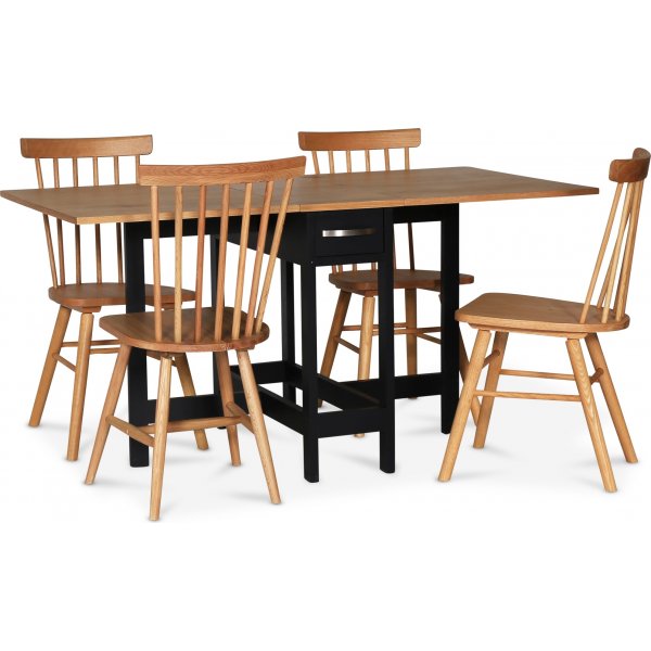 Fr spisebordsst; Fr klapbord Sort / Eg med 4 stk. Karl pindestole i olieret eg